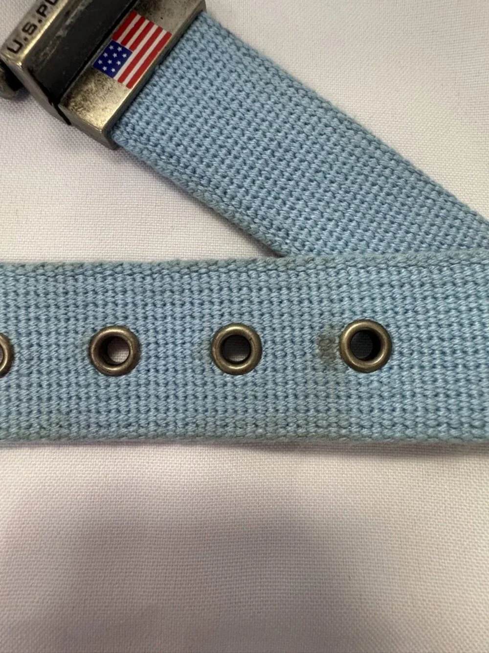U.S. Polo Assn. Light Blue Canvas Men's Belt with American Flag Buckle Size 34